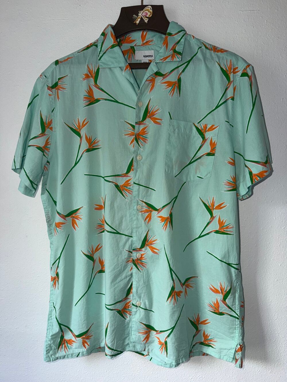 Sonoma Blue Orange Floral Tropical Print Short Sleeve Button Down T-Shirt Large